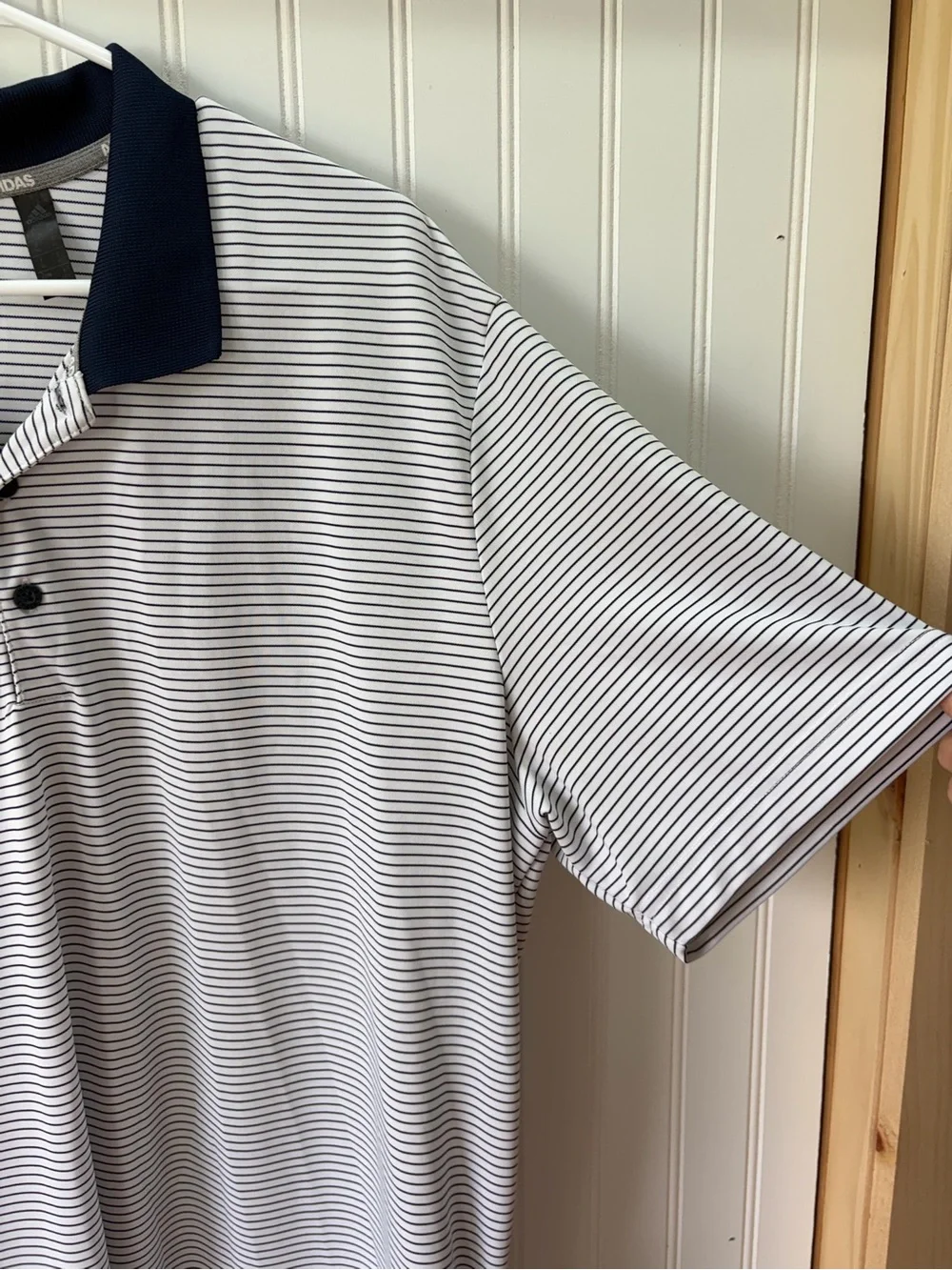 adidas White striped athletic gold tennis Polo with Navy Contrast Collar
